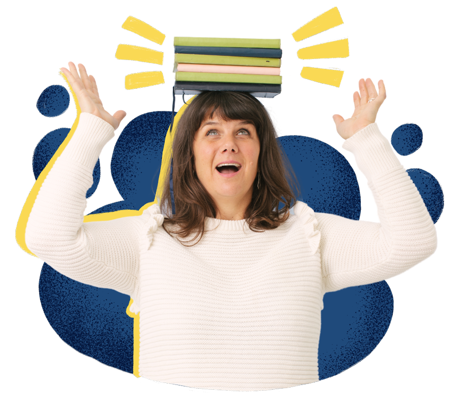 Kate Wallace, Copywriter, balancing a stack of notebooks on her head