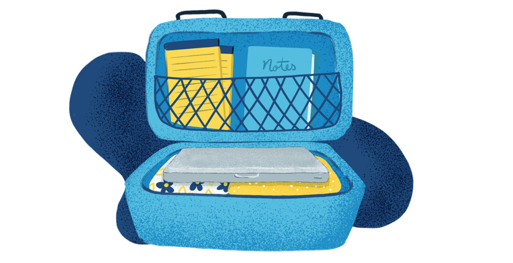 Illustration of a suitcase with clothes, a laptop, notebooks, legal pads inside ready for a writing retreat. 