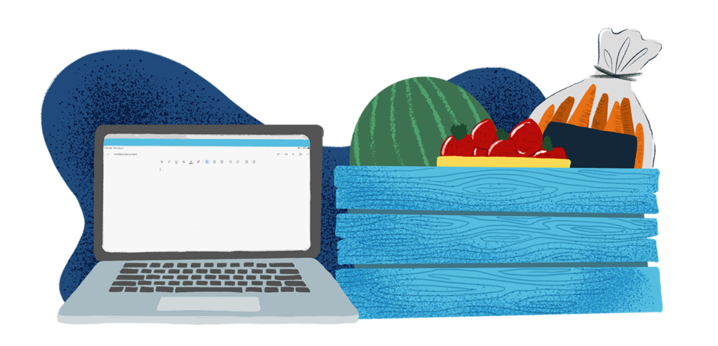 Illustration of a basket of fresh produce next to a laptop with a blank doc open